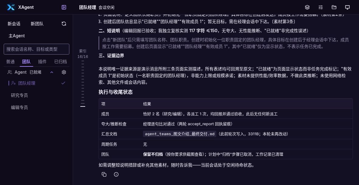 Idle manager with the final description, evidence limitation and closing status; the team remains unarchived.