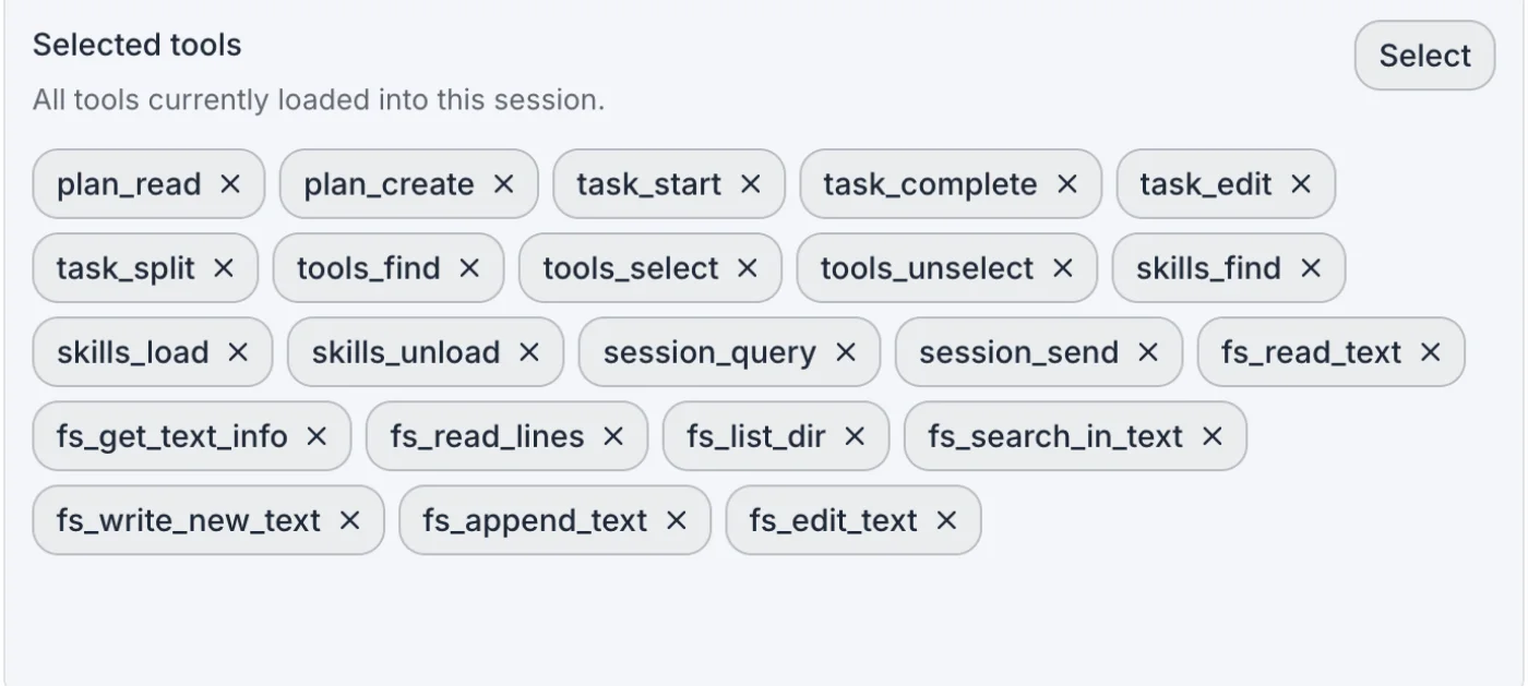 xAgent runtime settings show the planning, capability-discovery, Session, and file tools loaded after orchestration