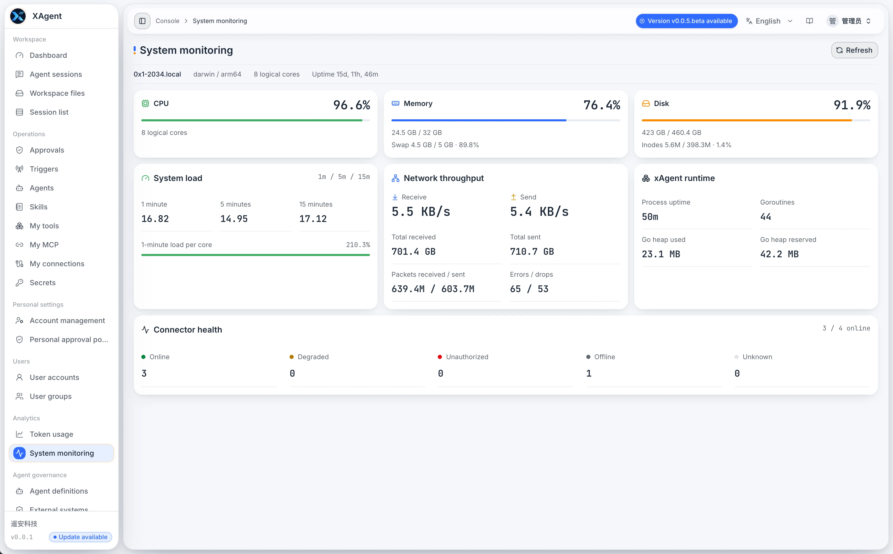xAgent System Monitoring showing resource use, runtime state, and connector health