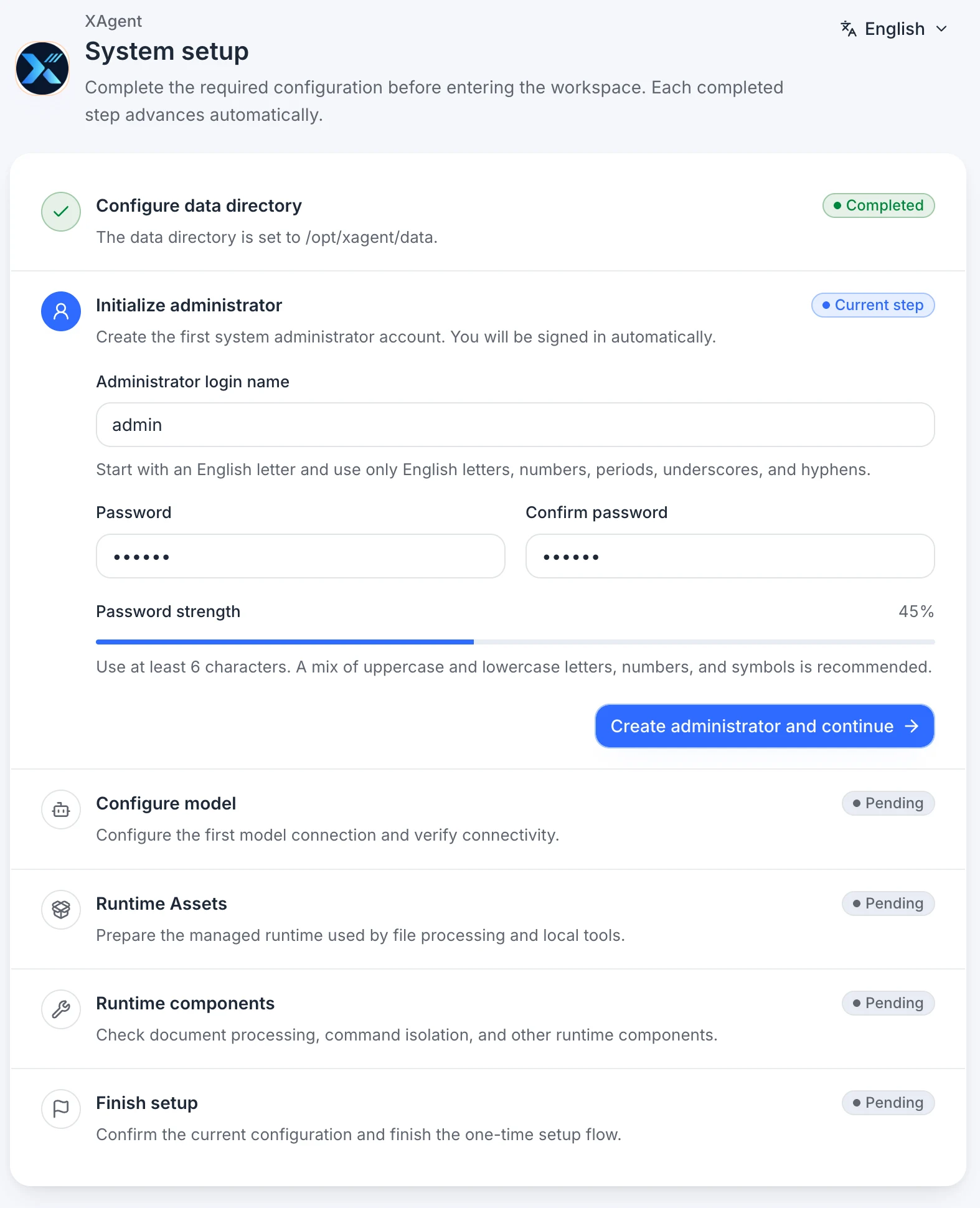 xAgent English administrator initialization page