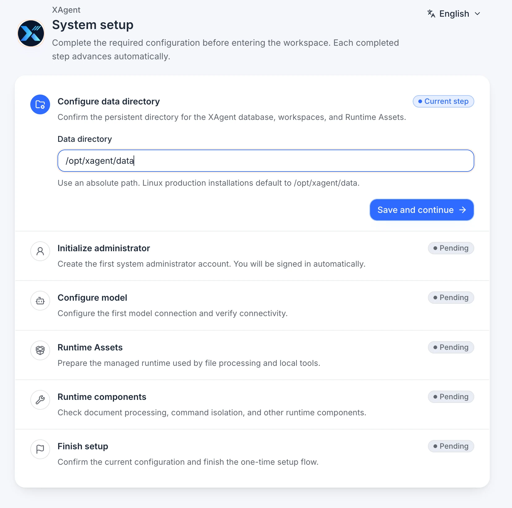 xAgent English system setup page