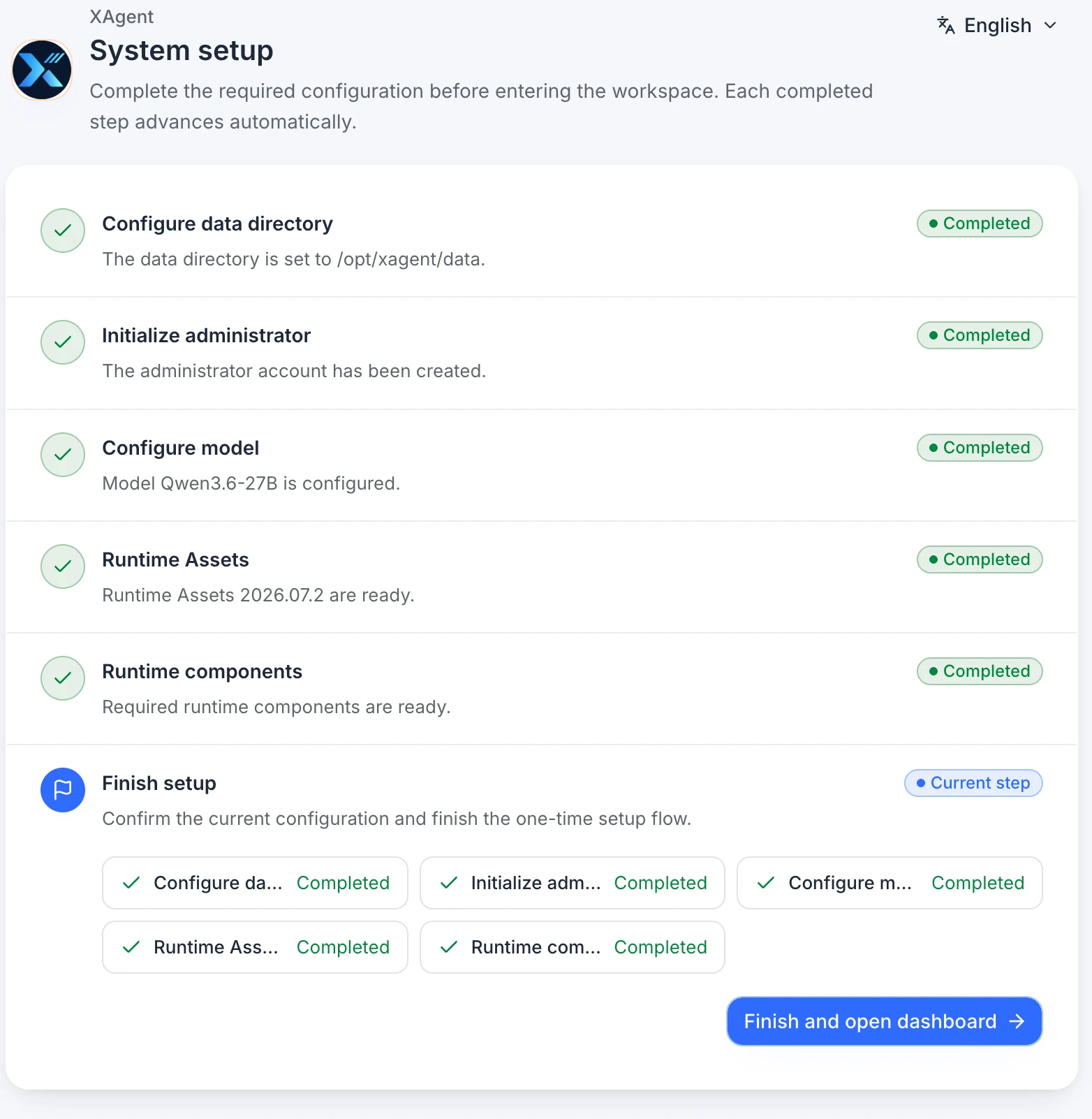 xAgent English finish setup step
