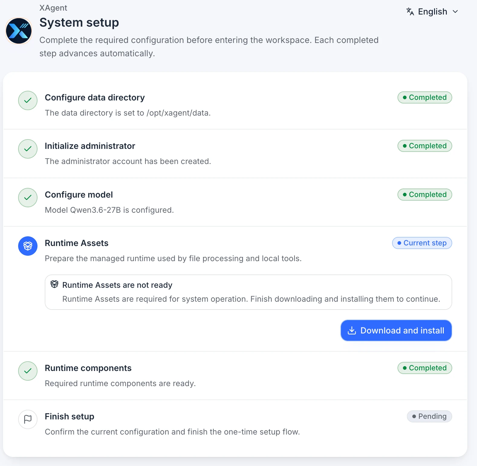 xAgent English Runtime Assets installation step
