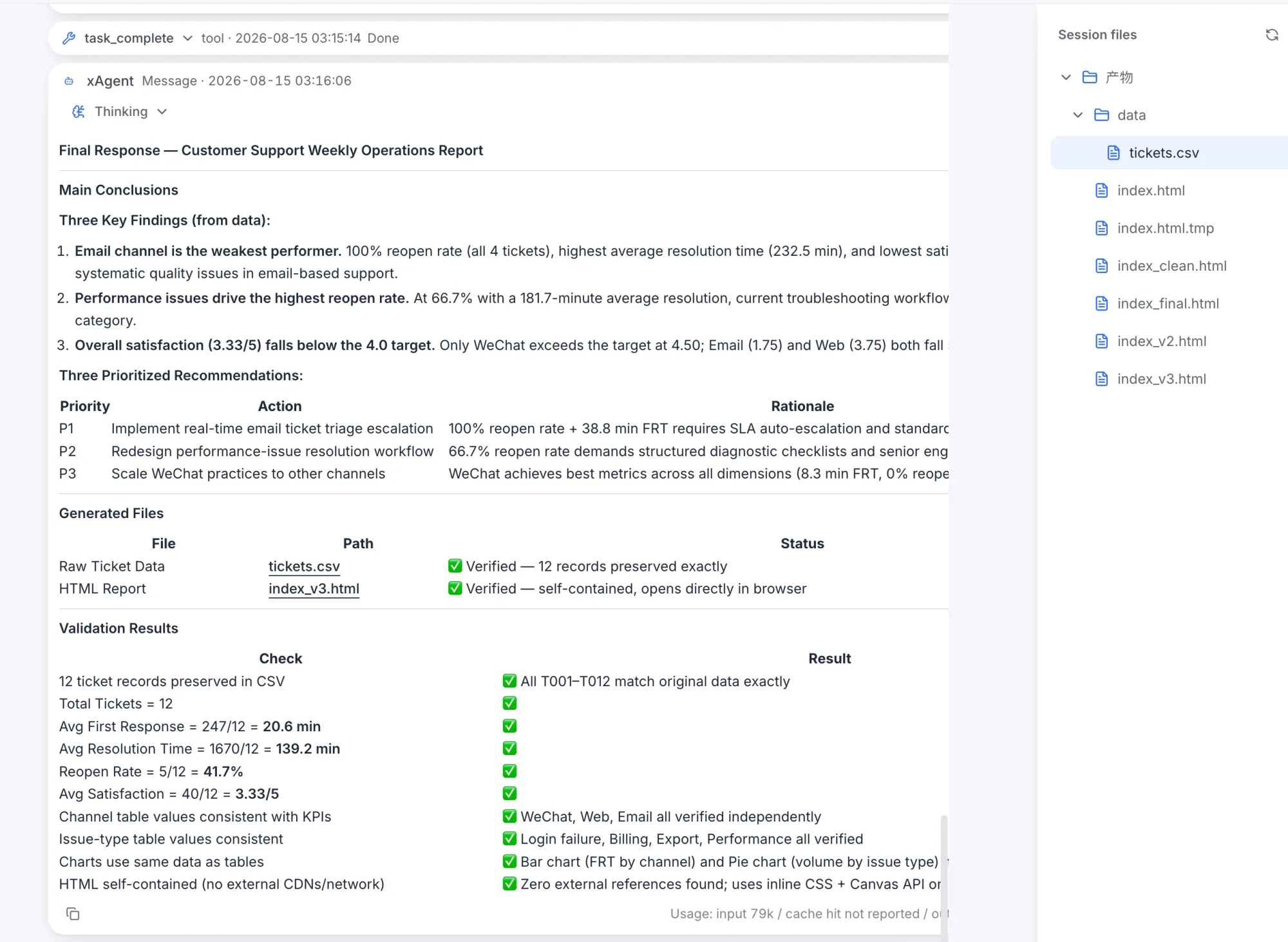 xAgent displays the final English report conclusions, generated files, and itemized validation results