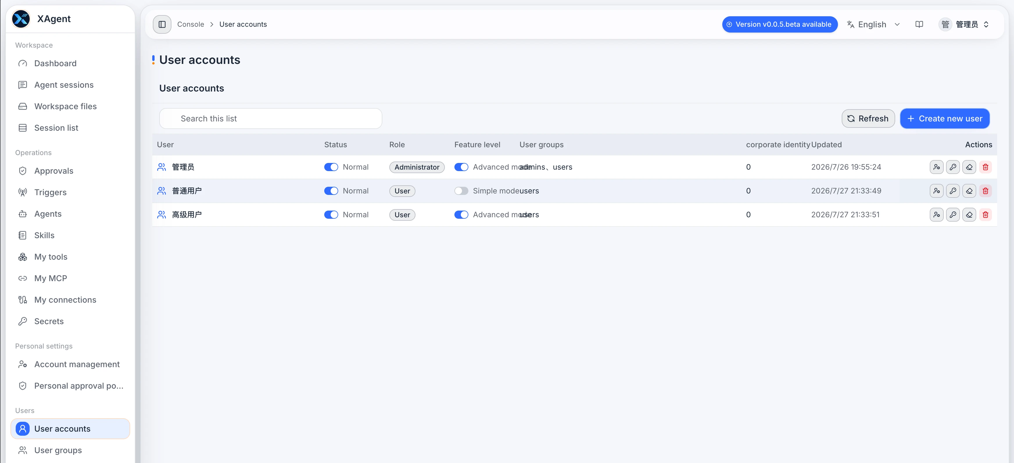 xAgent User Accounts showing status, role, feature level, groups, and actions